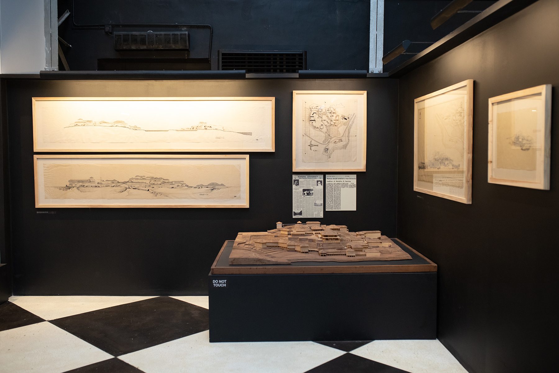 Architectural drawings and model displayed in the Geoffrey Bawa exhibition